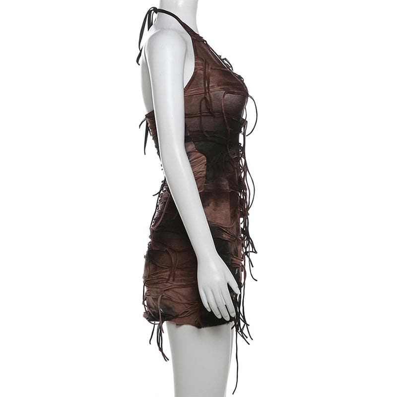 Halter tie dye v neck tassels mini dress