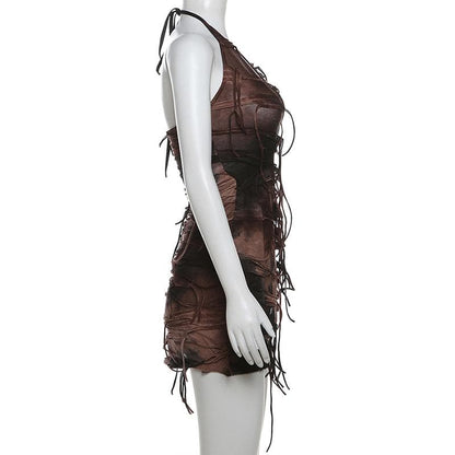 Halter tie dye v neck tassels mini dress