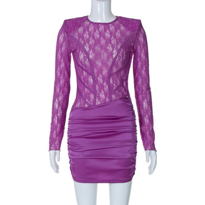 Lace see through satin ruched hollow out long sleeve cut out mini dress