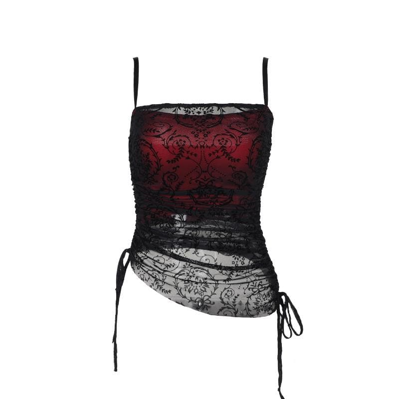 Lace drawstring ruched patchwork cami top
