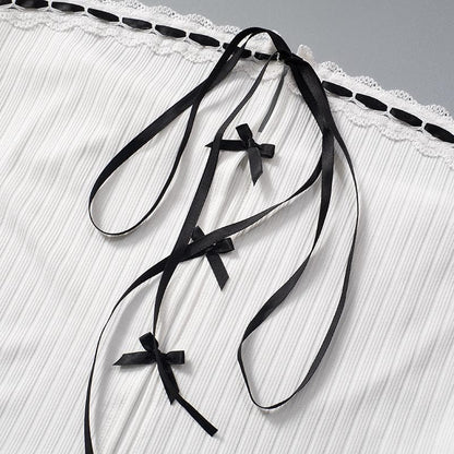 Bowknot ribbon ribbed lace hem backless tube top