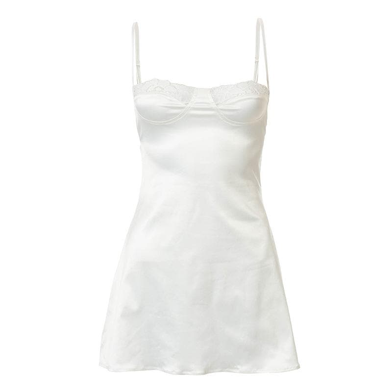 Lace hem satin ruched hollow out backless cami cut out mini dress