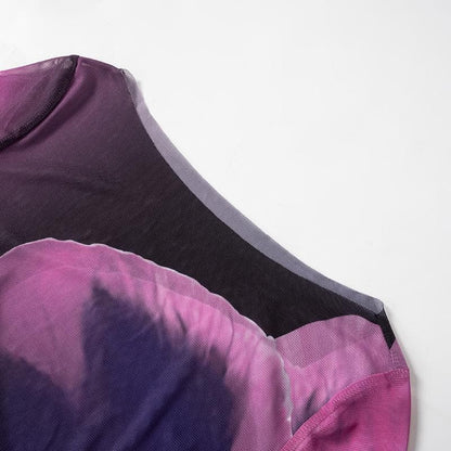 Long sleeve sheer mesh print crewneck maxi dress