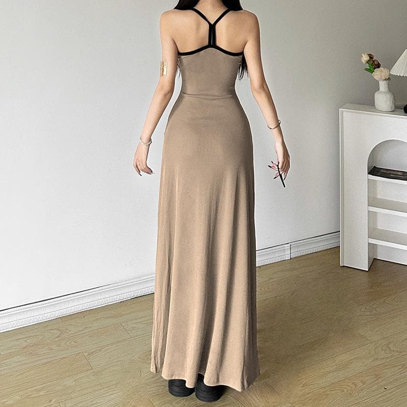 U neck metal tag ribbed cami maxi dress