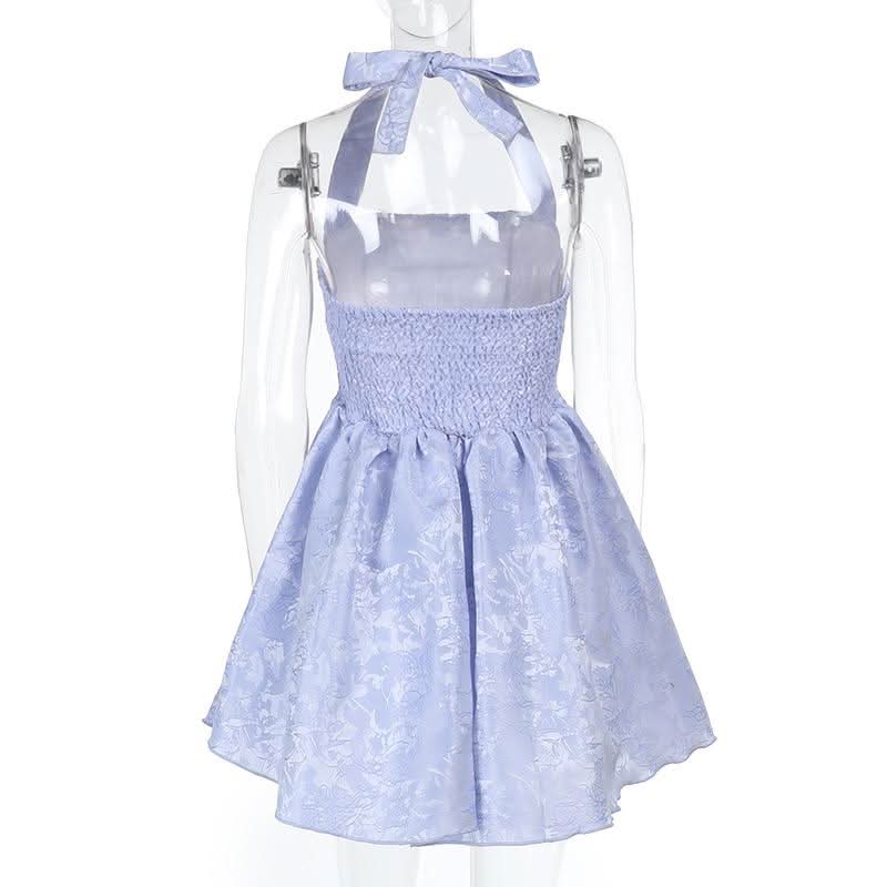 Halter smocked ruched square neck print mini dress