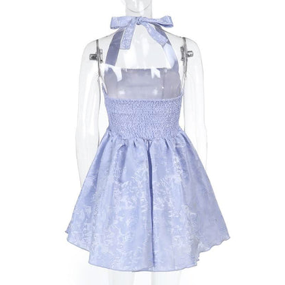 Halter smocked ruched square neck print mini dress