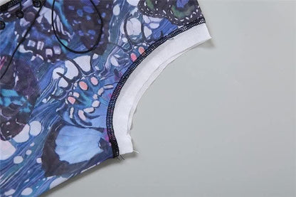 Sleeveless crewneck lace up print sheer mesh maxi dress-final-sale