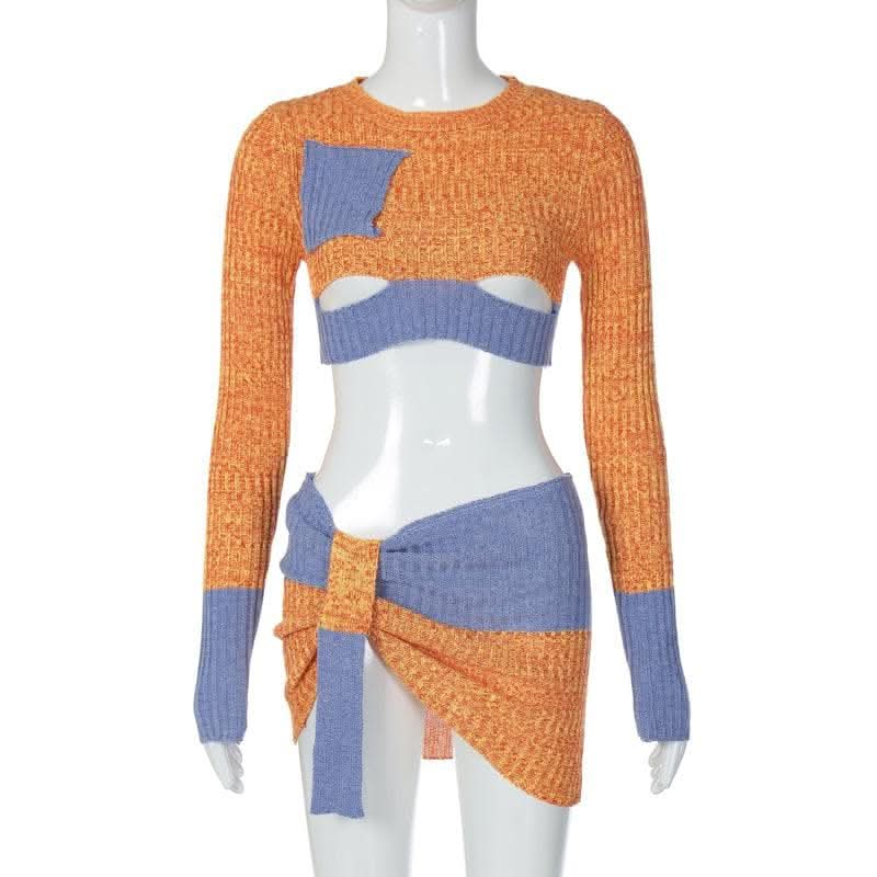 Knitted patchwork contrast long sleeve hollow out mini skirt set-final-sale