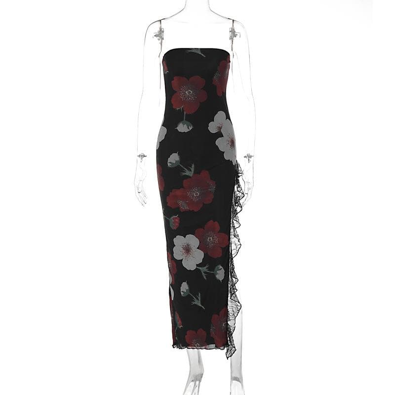 Floral Print Strapless Tube Neck Lace Trim Thigh Slit Maxi Dress