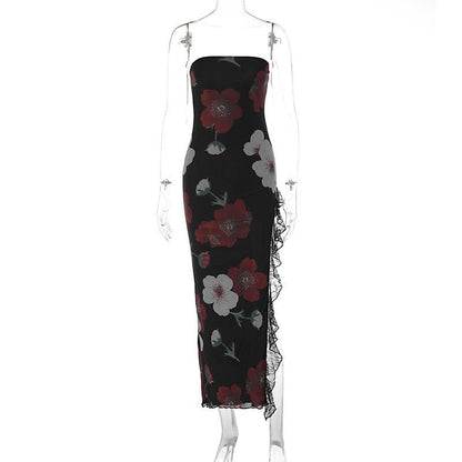 Floral Print Strapless Tube Neck Lace Trim Thigh Slit Maxi Dress