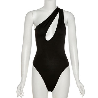 Solid One shoulder Hollow Out Bodysuit