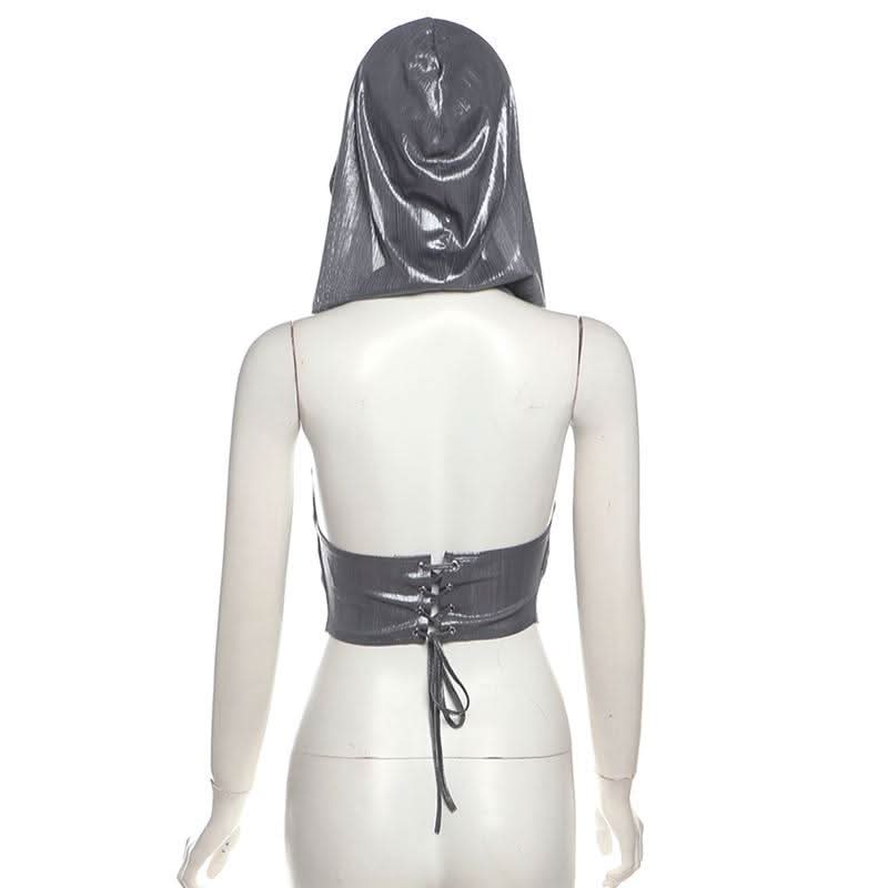 Hoodie metallic backless lace up crop top