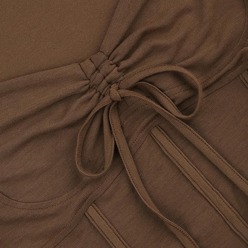 Long sleeve solid drawstring ruched self tie crop top