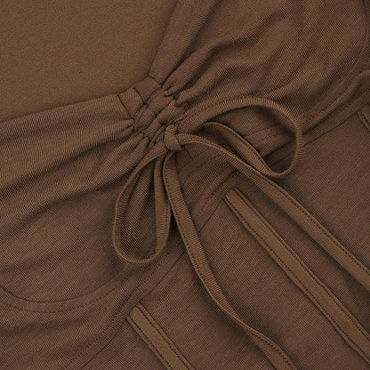 Long sleeve solid drawstring ruched self tie crop top