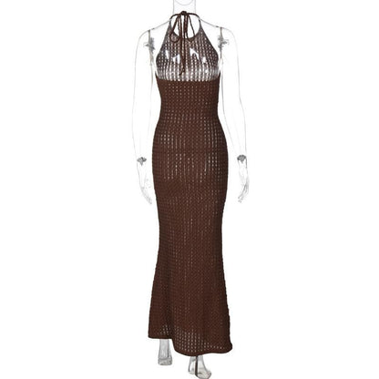 Halter textured see through backless maxi dress