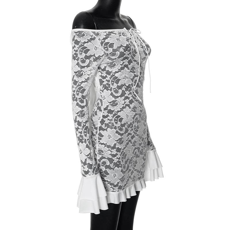 Long flared sleeve lace up lace see through mini dress