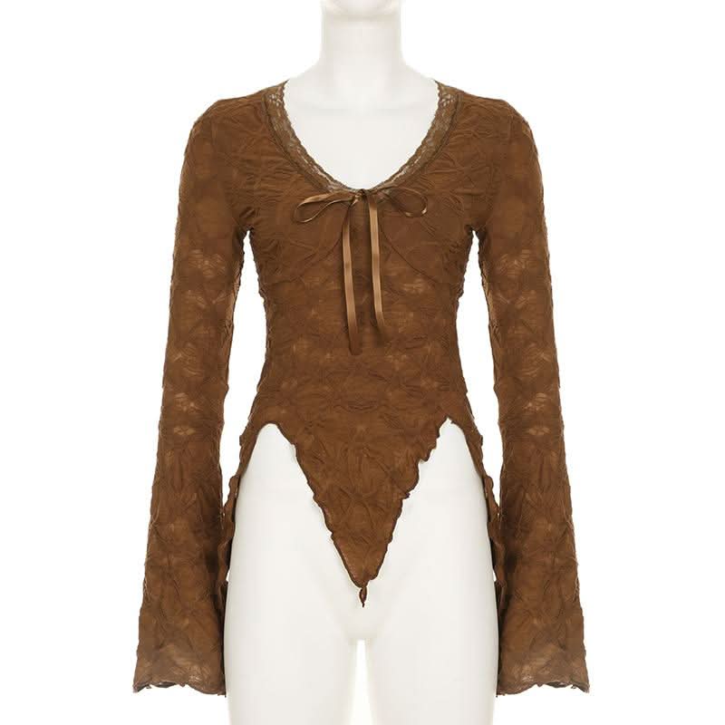 Long flared sleeve textured lace hem ruffle top