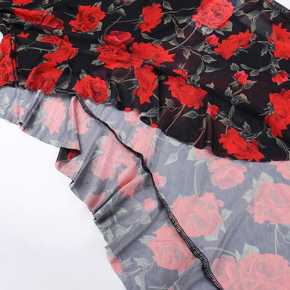 Sweetheart neck ruffle print irregular cami midi dress