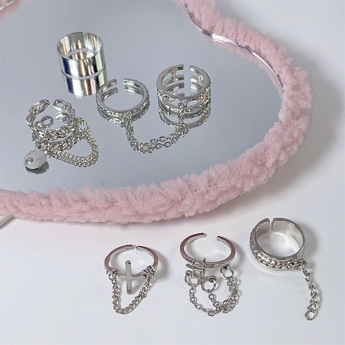 Cross metal chain 7 piece silver ring