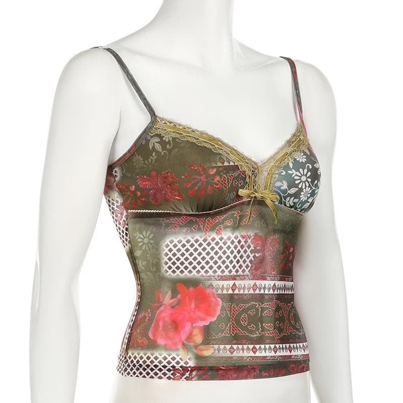 Bowknot v neck print mesh lace cami top