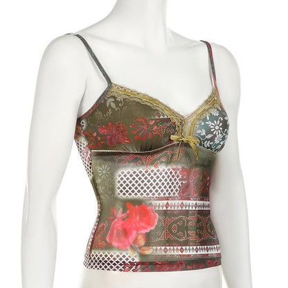 Bowknot v neck print mesh lace cami top