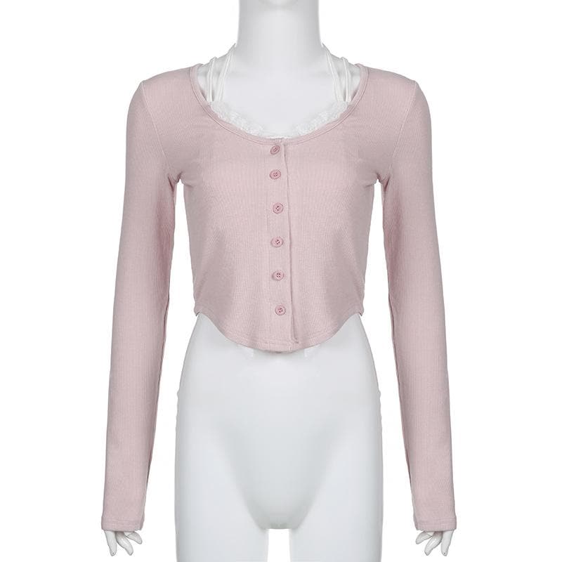 Long sleeve halter contrast lace hem self tie button crop top