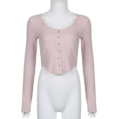 Long sleeve halter contrast lace hem self tie button crop top