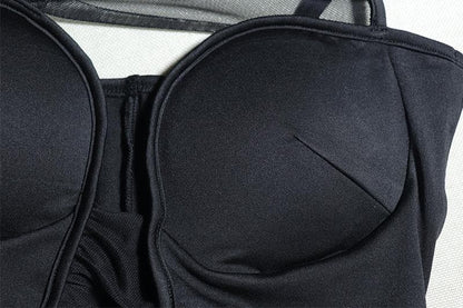 Irregular high slit ruched mesh hollow out cami cut out maxi dress