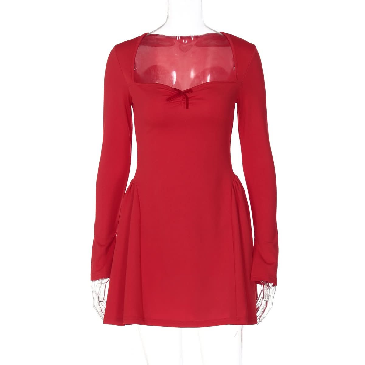 Long sleeve bowknot solid ruched mini dress