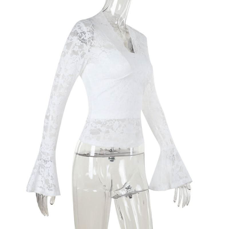 Long flared sleeve v neck lace solid top
