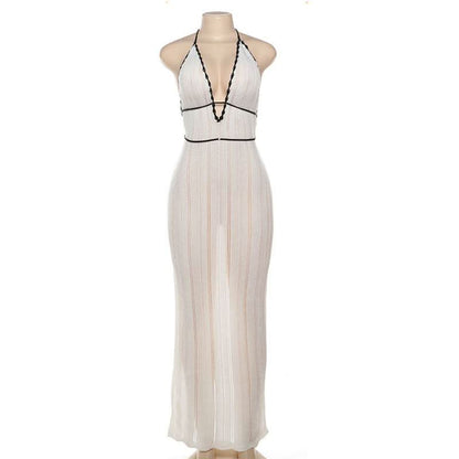 Halter v neck backless self tie knitted maxi dress