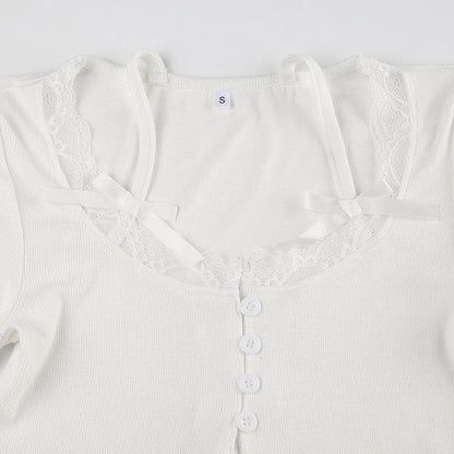 Short sleeve lace hem ribbed bowknot button crop top