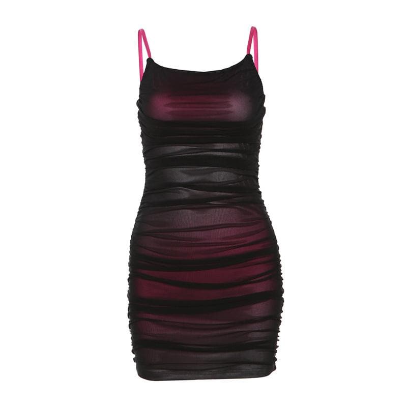 Contrast Ruched Mesh Square Neck Spaghetti Strap Cami Mini Dress