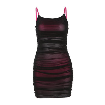 Contrast Ruched Mesh Square Neck Spaghetti Strap Cami Mini Dress