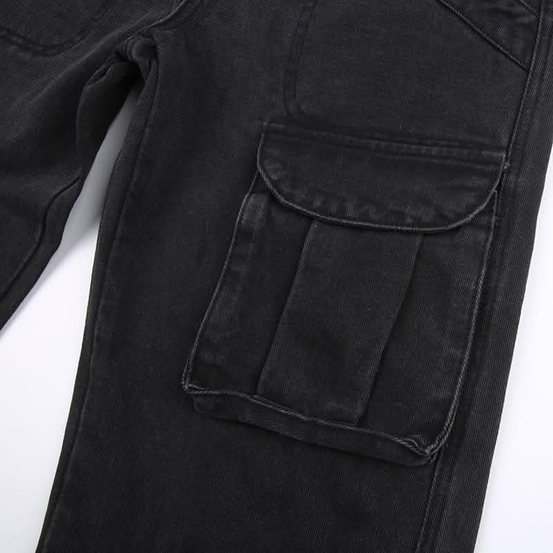 Solid irregular cargo pocket low rise zip-up jeans-final-sale