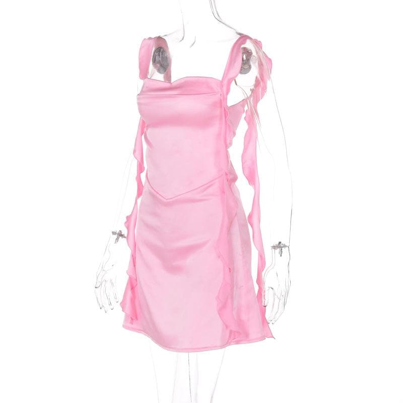 Cowl neck ruffle satin ruched cami mini dress