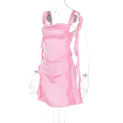 Cowl neck ruffle satin ruched cami mini dress