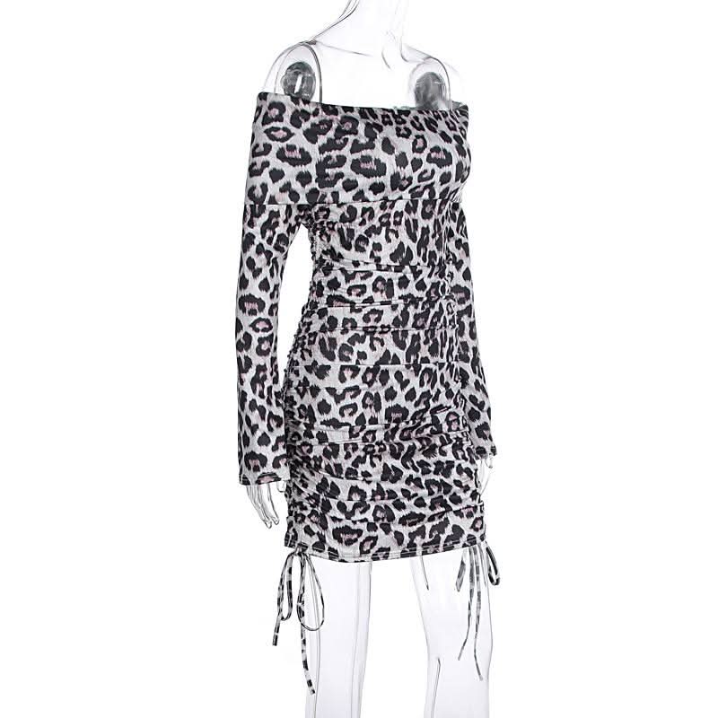 Long sleeve leopard print off shoulder ruched mini dress
