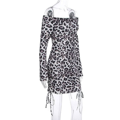 Long sleeve leopard print off shoulder ruched mini dress