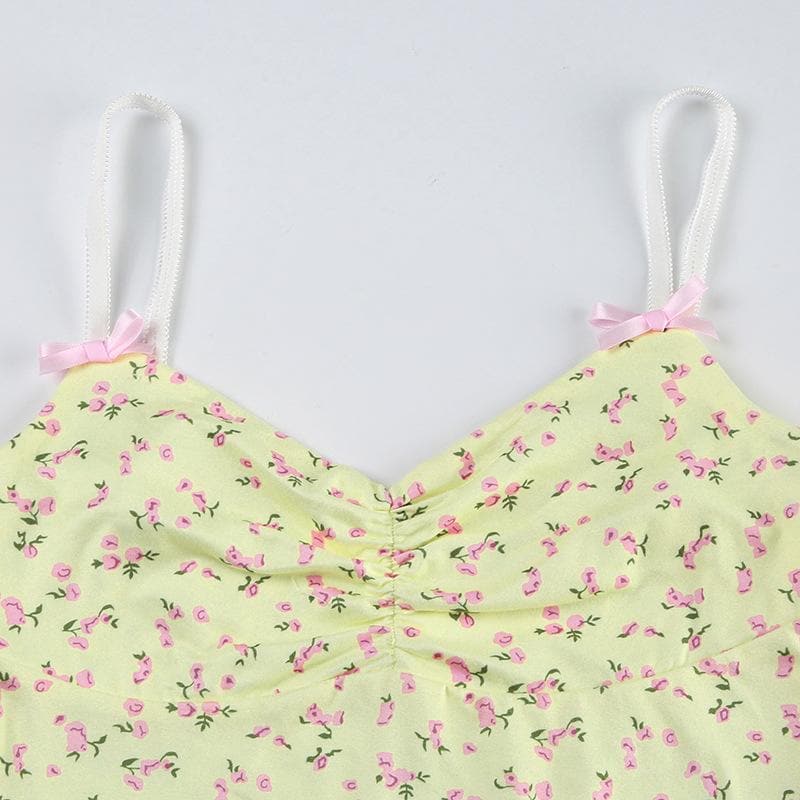 Bowknot flower print ruched ruffle cami top