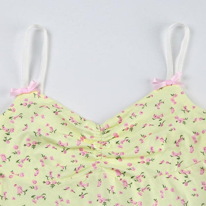 Bowknot flower print ruched ruffle cami top