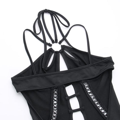 Lace up hollow out halter o ring backless solid jumpsuit