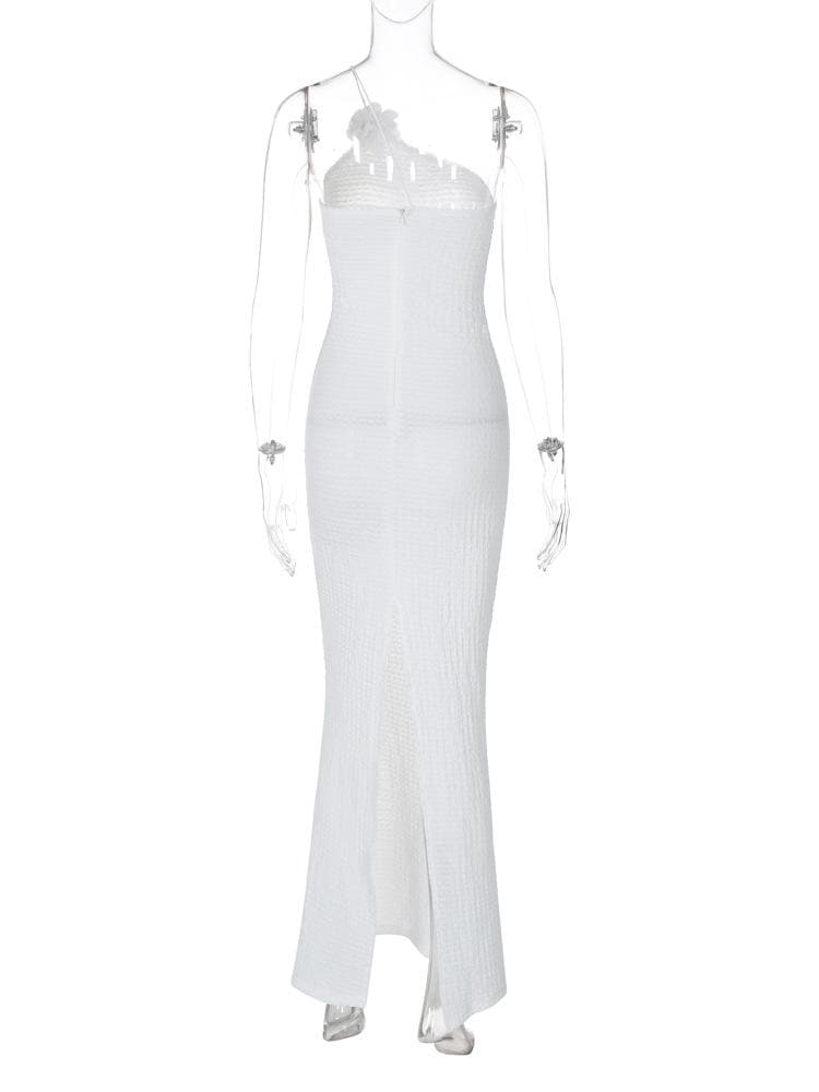 Flower applique one shoulder textured slit cami maxi dress