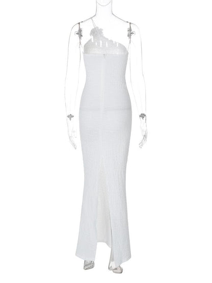 Flower applique one shoulder textured slit cami maxi dress