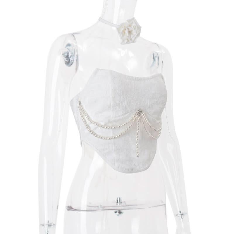 Beaded lace up self tie flower applique tube top