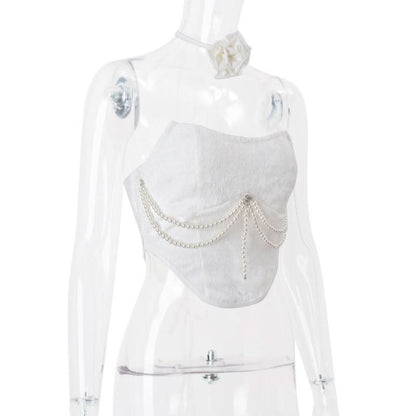 Beaded lace up self tie flower applique tube top