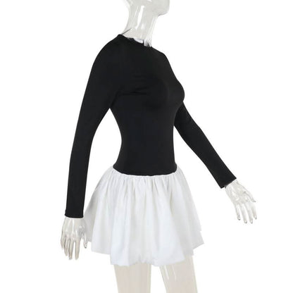 Long sleeve crewneck patchwork mini dress