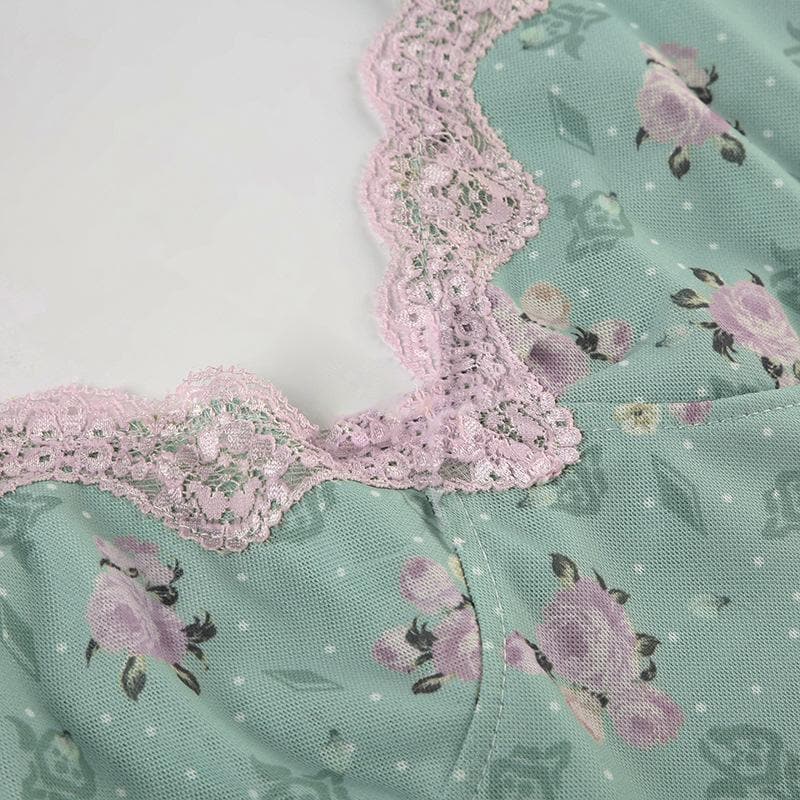 Lace hem bowknot print mesh slit cami mini dress