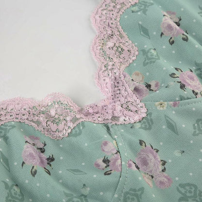Lace hem bowknot print mesh slit cami mini dress
