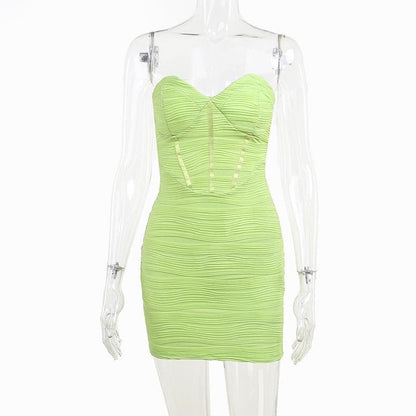 Strapless Sweetheart Neck Corset Boning Horizontal Ruched Bodycon Mini Dress